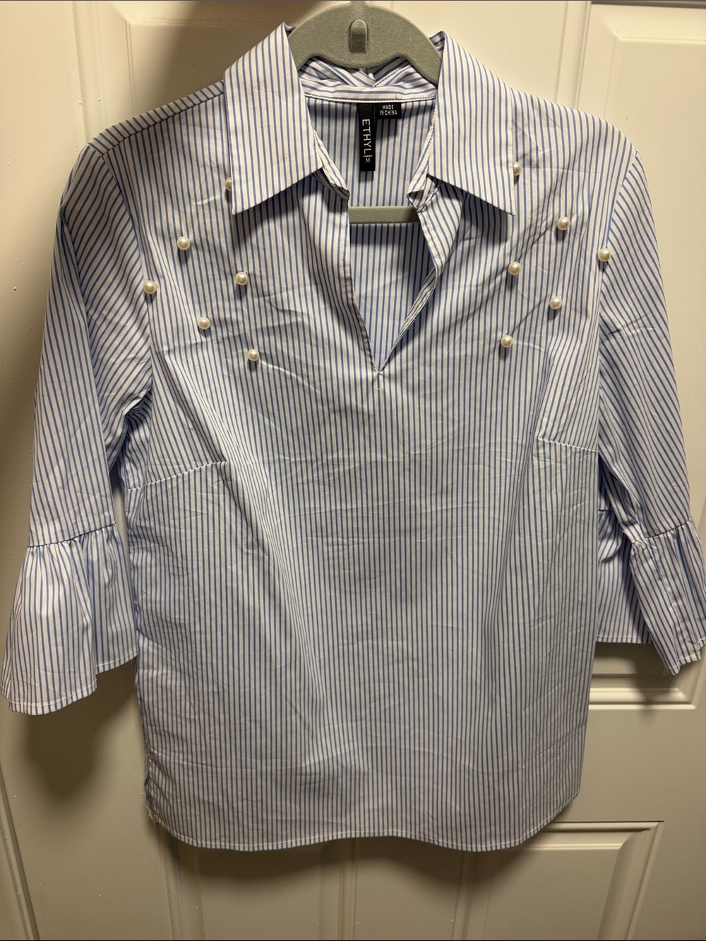 Blue & White Striped Shirt with Pearl Accents